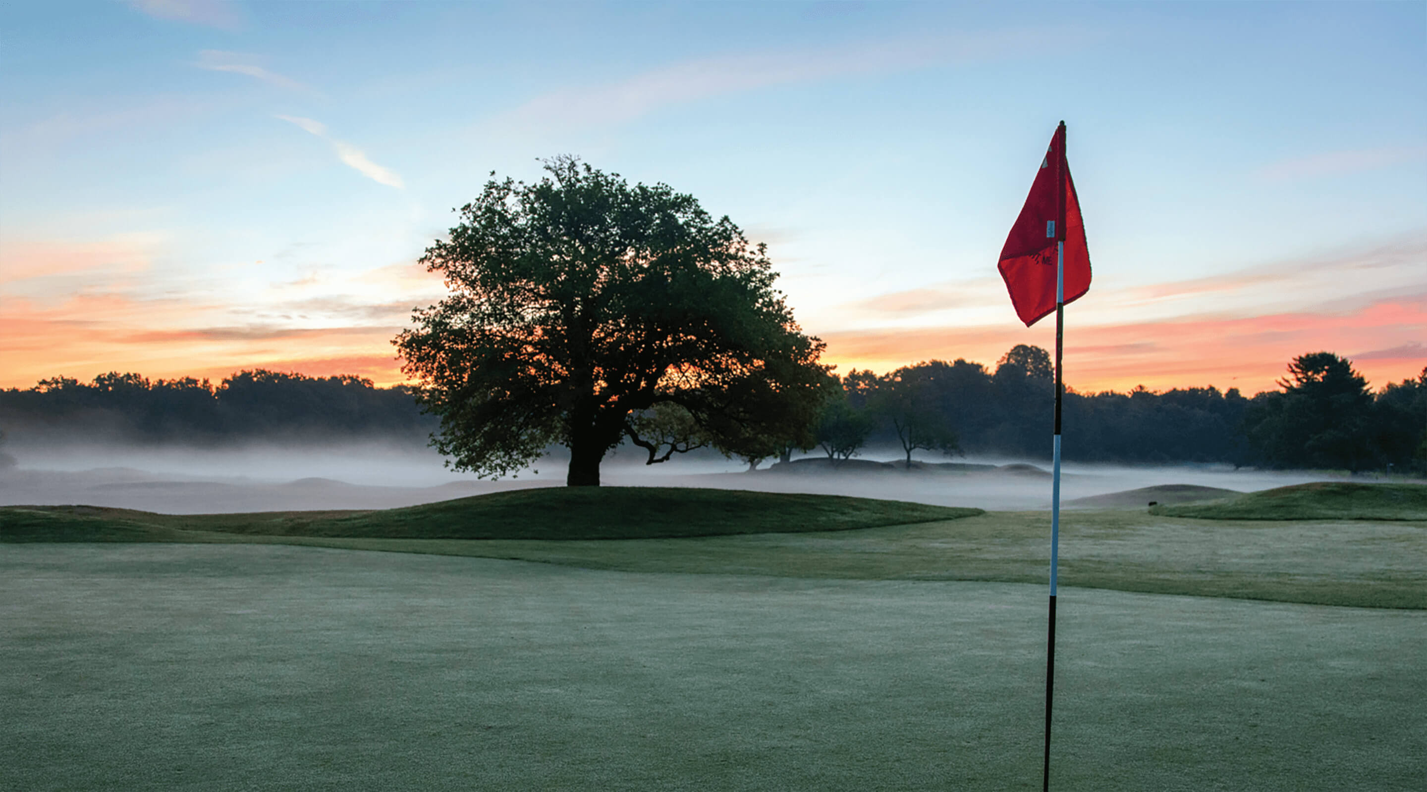colf course with tree and flag under morning mist
